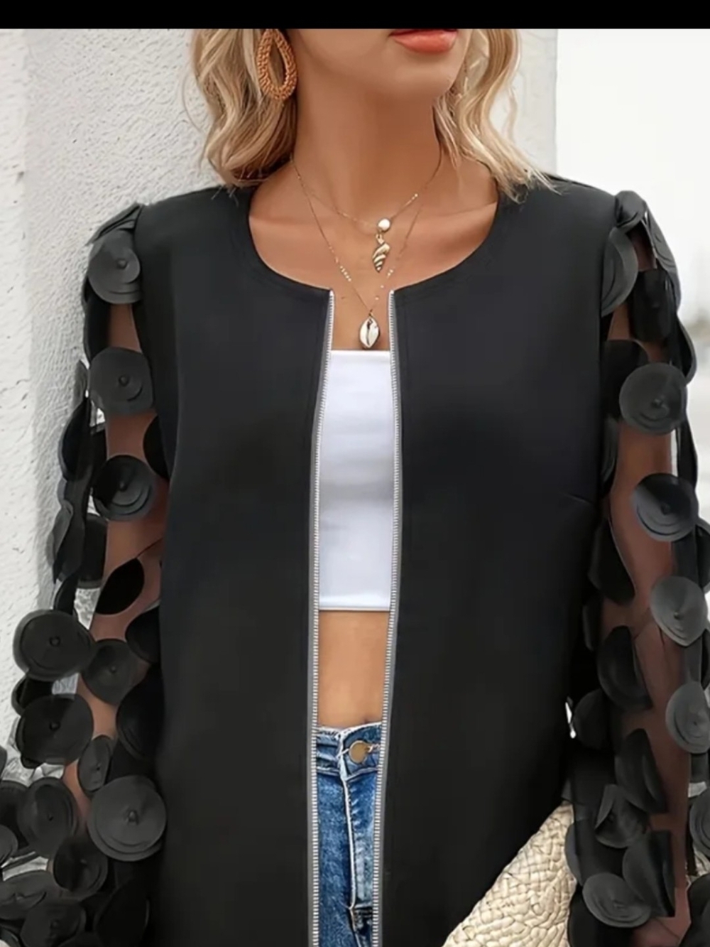 Luxury 3D Floral Applique Mesh Sleeve Statement Bomber Jacket Black